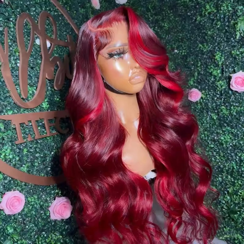 Peluca de Cabello Humano Body Wave – Lace Front HD 13x4 (Color Borgoña)