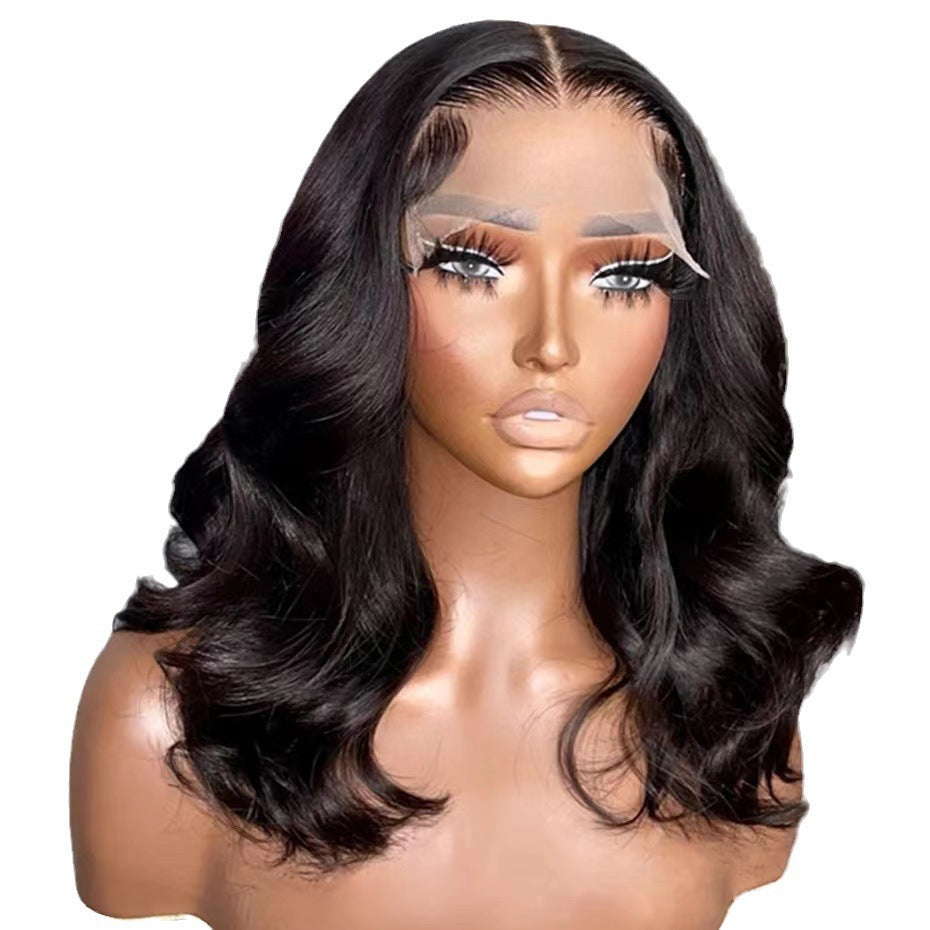 Peluca frontal con diadema y lace, cabello corto y ondulado de fibra  de alta temperatura