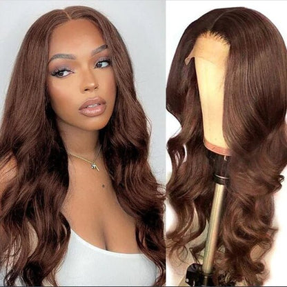 Peluca de cabello humano con cierre lace 4x4, color marrón, ondulada tipo body wave