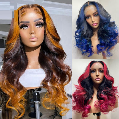 Peluca tipo headgear de cabello humano real con degradado en tonos naranja, amarillo, azul y verde.”