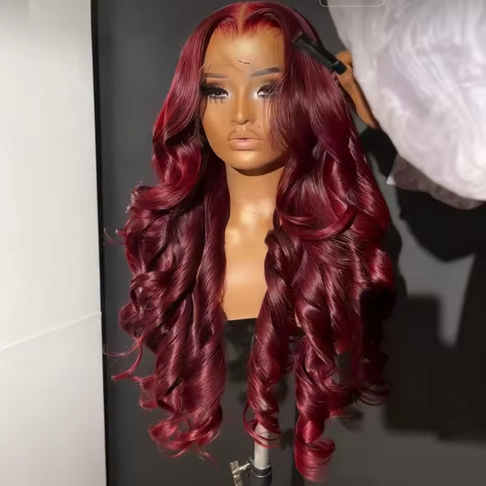 Peluca de Cabello Humano Body Wave – Lace Front HD 13x4 (Color Borgoña)
