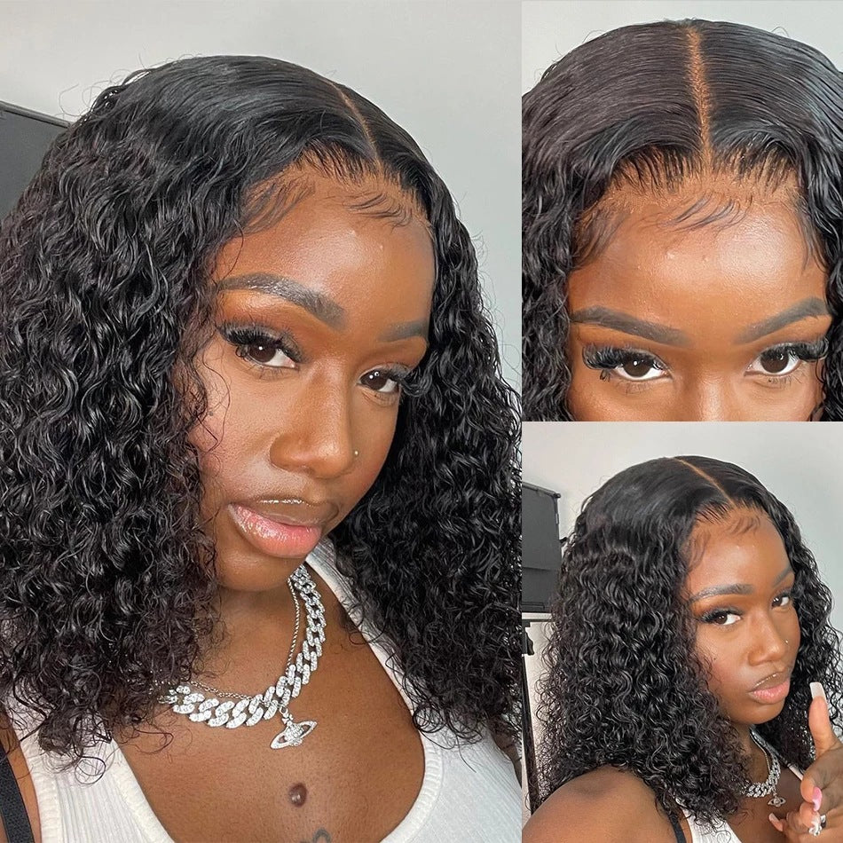 Peluca lace front negra esponjosa de longitud media con rizos pequeños y volumen natural