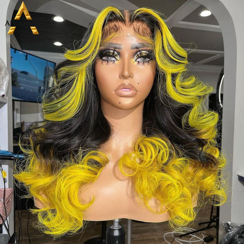 Peluca tipo headgear de cabello humano real con degradado en tonos naranja, amarillo, azul y verde.”