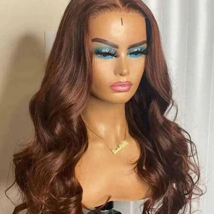 Peluca de cabello humano con cierre lace 4x4, color marrón, ondulada tipo body wave